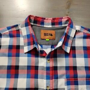 Beta Venturing Button Up Shirt Mens XL Blue Red Plaid Short Sleeve Performance